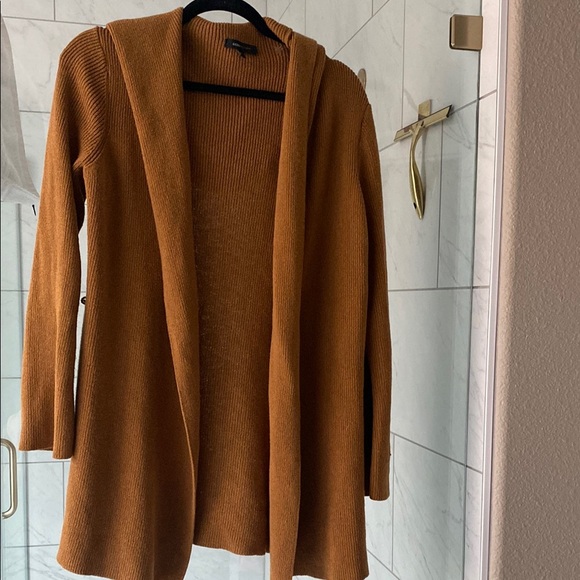 BCBGMaxazria Brown Ribbed Rust Open Hooded Sweater Cardigan Duster - Picture 1 of 6
